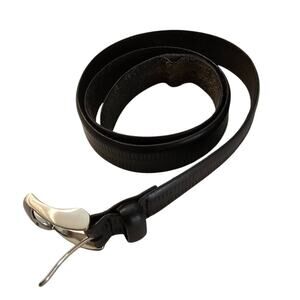 Vintage Mens Sz 38 Classic Black Leather Belt w/ Brushed Silver Buckle